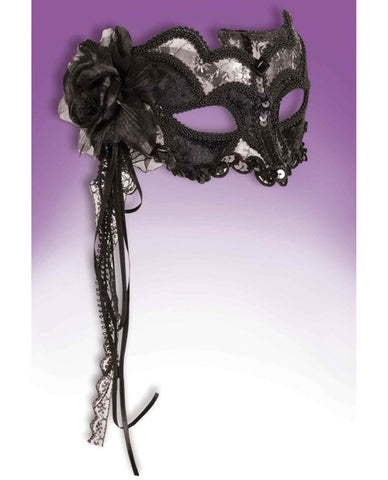 Venetian Mask - Black/Silver w/Rose