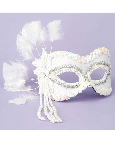 Karneval 1/2 Mask - Feathers & Beads White
