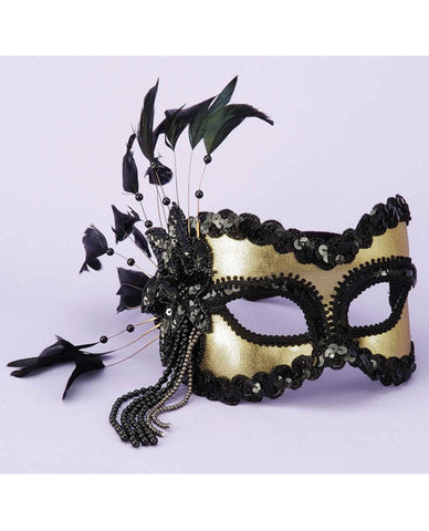 Karneval Half Mask w/Feathers & Beads - Black/Gold
