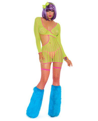 Neon Nites Crochet Long Sleeve Mini Dress w/Cut Out Side Neon O/S
