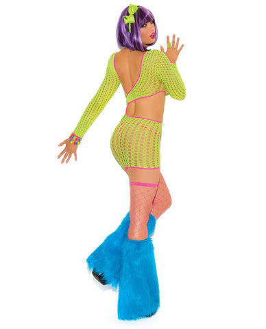 Neon Nites Crochet Long Sleeve Mini Dress w/Cut Out Side Neon O/S