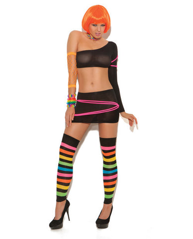 Neon Nites One Shoulder Top & Mini Skirt w/Neon Pink Stripes Black O/S