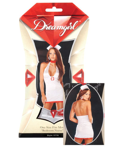 2 pc Bedroom Nurse Stretch Satin Dress w/Contrast Accents & Cap White