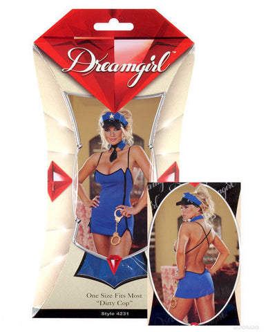 4 pc Dirty Cop Zipper Dress, Cap, Neck Tie & Cuffs Blue O/S