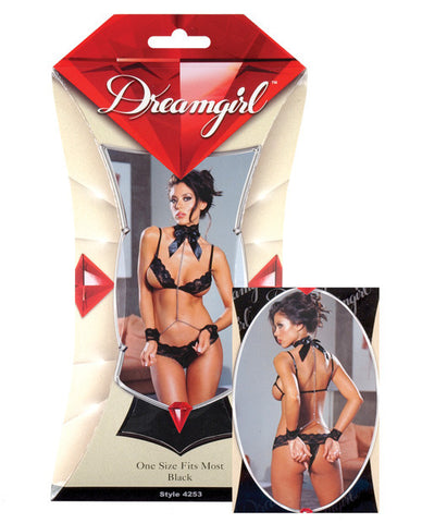 Open Cup Bra & Thong w/Restraint Cuff Set Black O/S