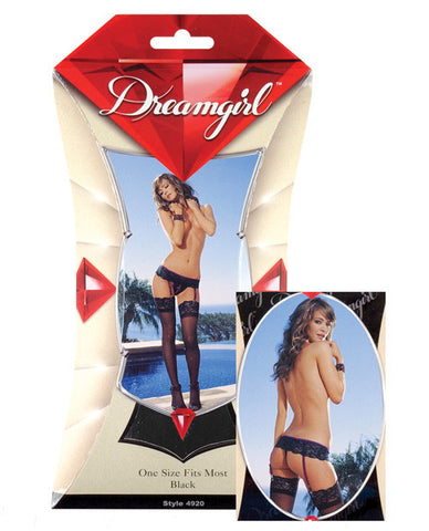 Lace Garter w/Contrast Trim, Open Crotch Thong & Lace Top Stockings Black