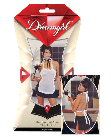 4 pc Ooh La La Apron Halter Dress, Thong, Neck Band & Feather Duster Black O/S