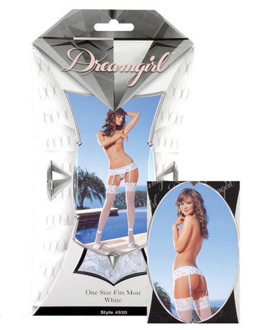 Lace Garter w/Contrast Trim, Open Crotch Thong & Lace Top Stockings White O/S